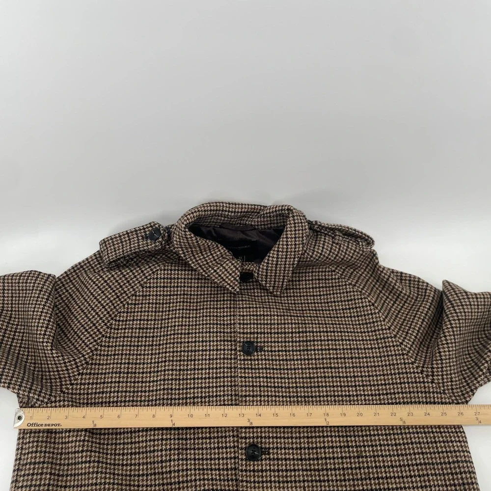 Banana Republic Car Coat Mens XL Brown Houndstooth Epaulet Wool Blend Jacket